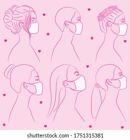 Faces of different Women wearing Face Masks for protection against Coronavirus Pandemic