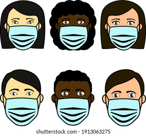 
Faces of doctors of different races wearing blue breathing masks to protect their health