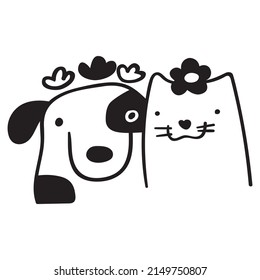 Faces of dog and cat with flowers on their heads. Outline vector icon on white background.