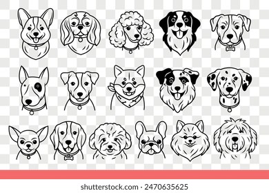 Faces of dogs of different breeds look at screen with positive emotions, rejoicing at meeting owner. Dogs pets with and without collars for interior design of shelter or pet store. Hand drawn doodle