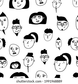 Faces in doodle style. A pattern of hand-drawn diverse faces, black and white portraits of men and women of different backgrounds. Design for wrapping paper, textile, fabric, wallpaper, stationery.
