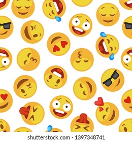 Faces emoji pattern. Funny cute smiley expression emotion chat messenger kid cartoon vector seamless wallpaper