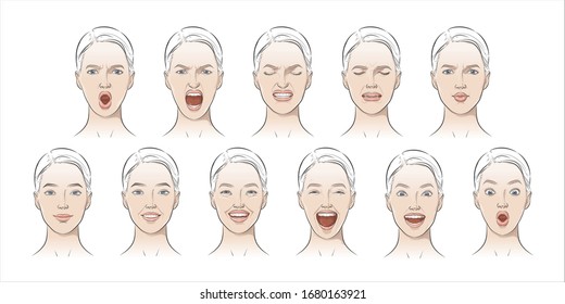 Faces expressions with different mood. Positive, negative feelings, happy, smiling, laughing, astonished, surprised, discontent, unhappy, depression human emotions collection. Vector set