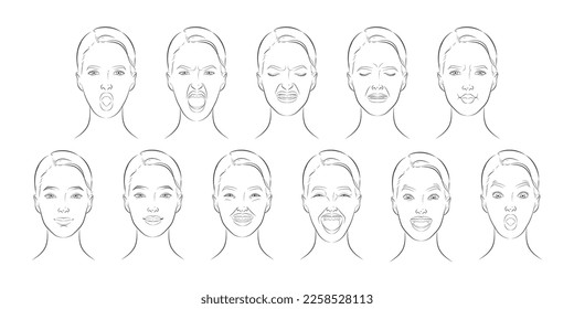 Faces expressions  with different mood. Positive, negative feelings, happy, smiling, laughing, astonished, surprised, discontent, unhappy, depression human emotions collection. Vector set