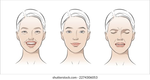 Faces expressions with different mood. Positive, negative feelings, happy, smiling, laughing, astonished, surprised, discontent, unhappy depression human emotions collection Vector set