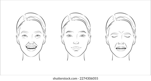 Faces expressions with different mood. Positive, negative feelings, happy, smiling, laughing, astonished, surprised, discontent, unhappy depression human emotions collection Vector set