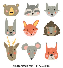 Faces of forest animals in cartoon style. Vector set.