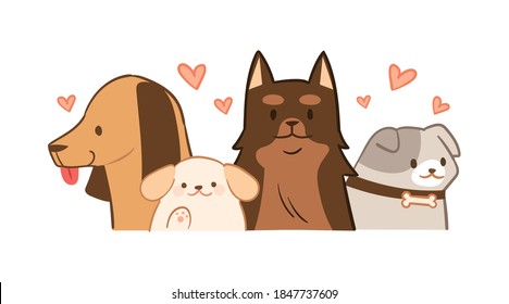 The faces of four cute dogs. Illustration of dog love concept.