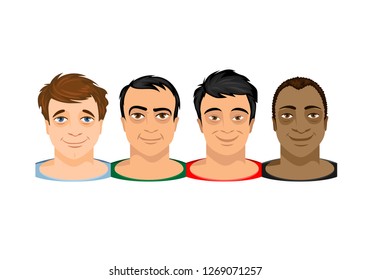 Faces of four men different kind skin
