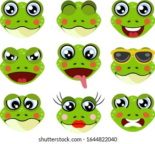 Faces of frogs with feature a different expressions
