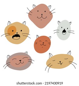 Faces of funny cats. Simple kittens from spots and lines. Cute animal print. Vector illustration isolated on white background.