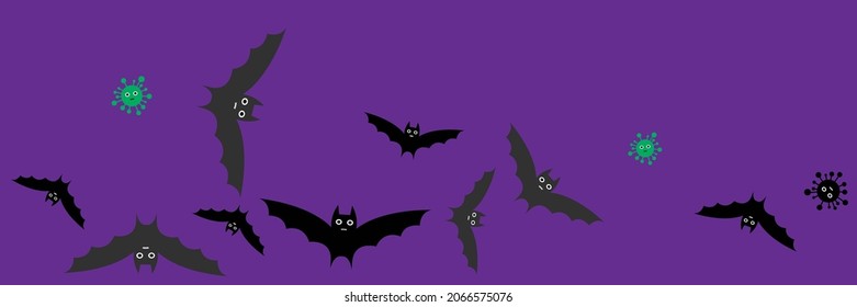 Faces Funny Purple Virus Scary Bats. Covid Vampire Cartoon Creepy Mysterious Design Pic. Spooky Grey Dracula Black Gothic Vaccination Halloween Illustration. Corona White Horror Party Fear Backdrop.