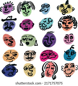Faces Funny Watercolor Set Group of People Community Diversity Shapes Bright Colors Rainbow Perdonality Characters Comics