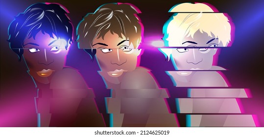 the faces of the girls with the glitch effect. Vector background