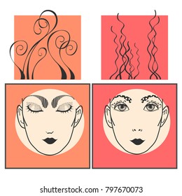 Faces of girls in a square, a curly hair, a stylish logo. The image is isolated on a white background.