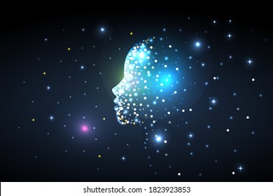 Faces of glowing blue particles, consciousness, technology, soul. Isolated vector illustration.