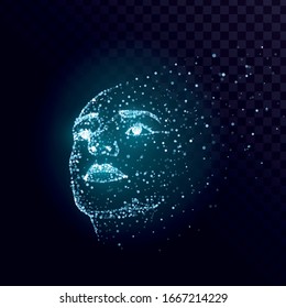 Faces of glowing blue particles, human soul on a transparent background
