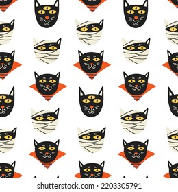 Faces Halloween black cats mummy vampire pattern. Halloween kids wallpaper, digital paper. Cartoon flat vector repeat background