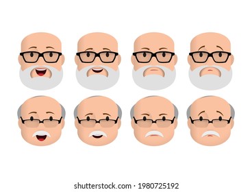 Faces Icons. Old Man Character With Different Emotions. Men's Faces Express Joy, Sadness, Smile, Discontent, Boredom. Avatar For Social Networks, Applications, Web. Vector Illustration