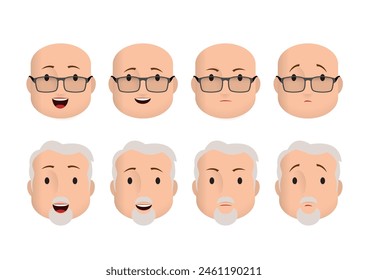 Faces icons. Old man character with different emotions. men's faces express joy, sadness, smile, discontent, boredom. Avatar for social networks, applications, web. Vector illustration