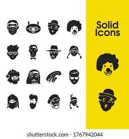 Faces icons set with alien, man in hat and man with sunglasses elements. Set of faces icons and gentleman concept. Editable vector elements for logo app UI design.