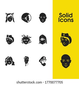 Faces icons set with business man, cat girl and bald man elements. Set of faces icons and gorgon concept. Editable vector elements for logo app UI design.