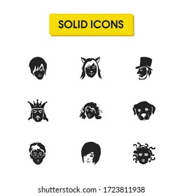 Faces icons set with curly hair woman, medusa and cat girl elements. Set of faces icons and geek concept. Editable vector elements for logo app UI design.