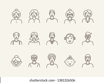 Faces icons. Set of line icons on white background. Young man, boy, mid adult man. People concept. Vector illustration can be used for topics like application, lifestyle, population