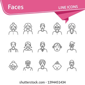 Faces icons. Set of line icons on white background. Young man, boy, mid adult man. People concept. Vector illustration can be used for topics like application, lifestyle, population