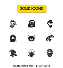 Faces icons set with mummy, cowgirl and arabian boy elements. Set of faces icons and extraterrestrial concept. Editable vector elements for logo app UI design.