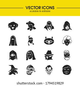 Faces icons set with mummy, ethnic american woman and woman wearing hijab elements. Set of faces icons and rodeo concept. Editable vector elements for logo app UI design.