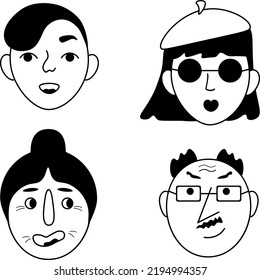 Faces. Image of faces. A network of people of different genders and ages. Monochrome avatars. Black and white images of faces. Vector illustration on a white background