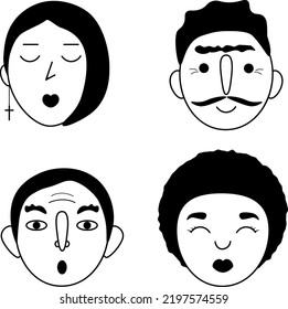 Faces. Image of faces. A network of people of different genders and ages. Monochrome avatars. Black and white images of faces. Vector illustration on a white background