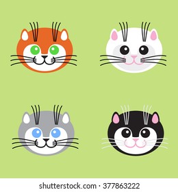 Faces kittens on a green background. Vector illustration.