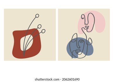 Rostros, formas de salida y abstractas. Ilustraciones vectoriales contemporáneas en fondos de color. Línea, concepto minimalista elegante. Perfecto para medios sociales, tarjetas, postales.