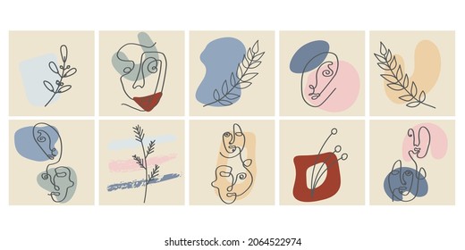 Faces, leave and abstract shapes. Contemporary vector illustrations on color backgrouds. Line, minimalistic elegant concept. Perfect for social media, cards, postcards.