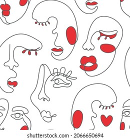 faces line art seamless pattern.women with makeup pattern.lipstick products pattern. pattern with powder and lipstick. stylized female silhouettes seamless.fashionable print of womens faces for fabric