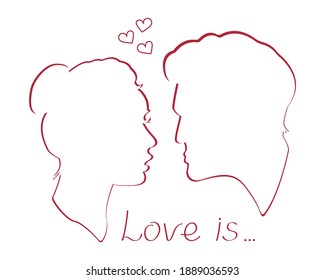 Faces of lovers isolated on white background. A couple of people in love. Silhouettes of the faces of a man and a woman. Love is. Happy Valentine's Day
