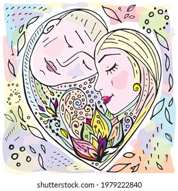 faces of lovers united in heart and flame doodle art