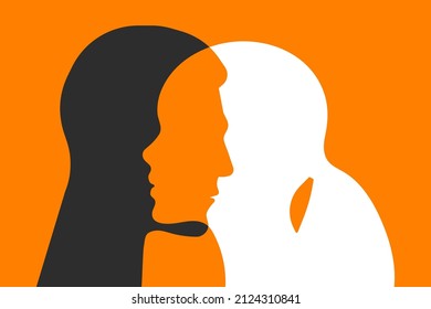 Faces Of Man And Woman, Girl And Guy. Two Profiles Together. Relationships, Family Symbol. Vector Psychology Illustration Of Family Therapy