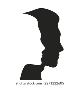 Faces of man and woman, girl and guy. Two profiles together. Relationship, family symbol. Vector psychology illustration of family therapy