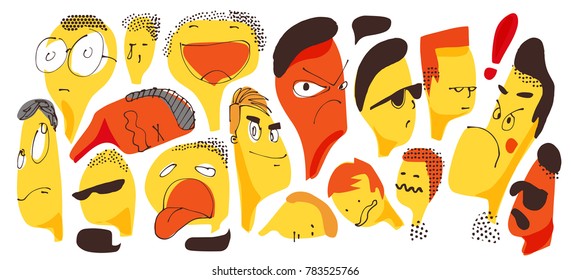 Faces in many expression. Doodling in watercolor like vector