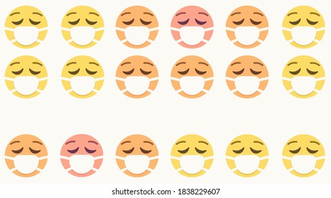 faces with medical mask in different colors,emoji pattern on white background copy space,concept vector illustration