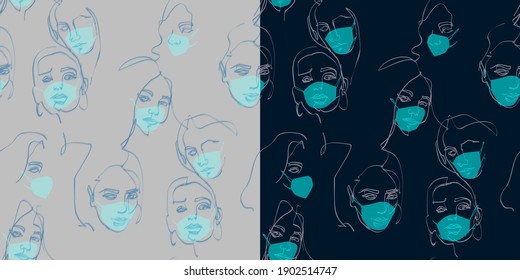 faces in medical masks, seamless pattern