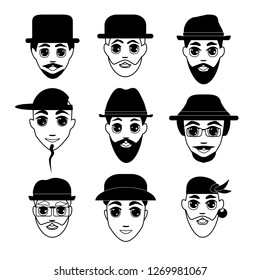 faces of men in hats set. vector illustration