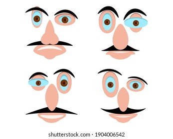 Faces of men with mustaches in cartoon style. Set of faces with expressive emotions. Contemporary portrait. Vector illustration
