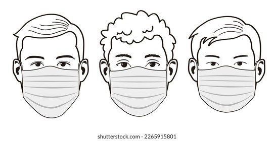 Faces of Men in Three Ethnicities Wearing Masks, vector illustration outline isolated, eps