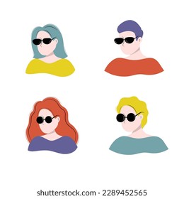 Faces of men and women in glasses, stylish people in bright outfits