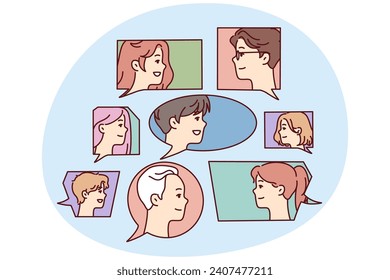 Faces men and women in speech bubbles symbolize public discussion or expression of diverse opinions. Guys and girls participate in brainstorming or mass survey among young people. Flat vector design