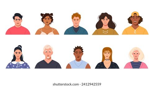 The faces of modern stylish people of different nationalities. A set of avatars, portraits of female and male characters. Bright vector illustration in a flat style